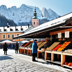 **Prompt:** A vibrant food market scene in Ljubljana, Slovenia. Focus on "štruklji" being prepared and sold, with Alpine-influenced architecture in the background. Include details like wooden stalls, traditional Slovenian clothing on vendors, and a snowy mountain visible in the distance.