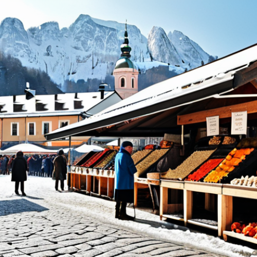 Home 4 **Prompt:** A vibrant food market scene in Ljubljana, Slovenia. Focus on "štruklji" being prepared and sold, with Alpine-influenced architecture in the background. Include details like wooden stalls, traditional Slovenian clothing on vendors, and a snowy mountain visible in the distance.