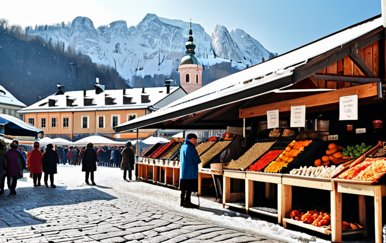 **Prompt:** A vibrant food market scene in Ljubljana, Slovenia. Focus on "štruklji" being prepared and sold, with Alpine-influenced architecture in the background. Include details like wooden stalls, traditional Slovenian clothing on vendors, and a snowy mountain visible in the distance.