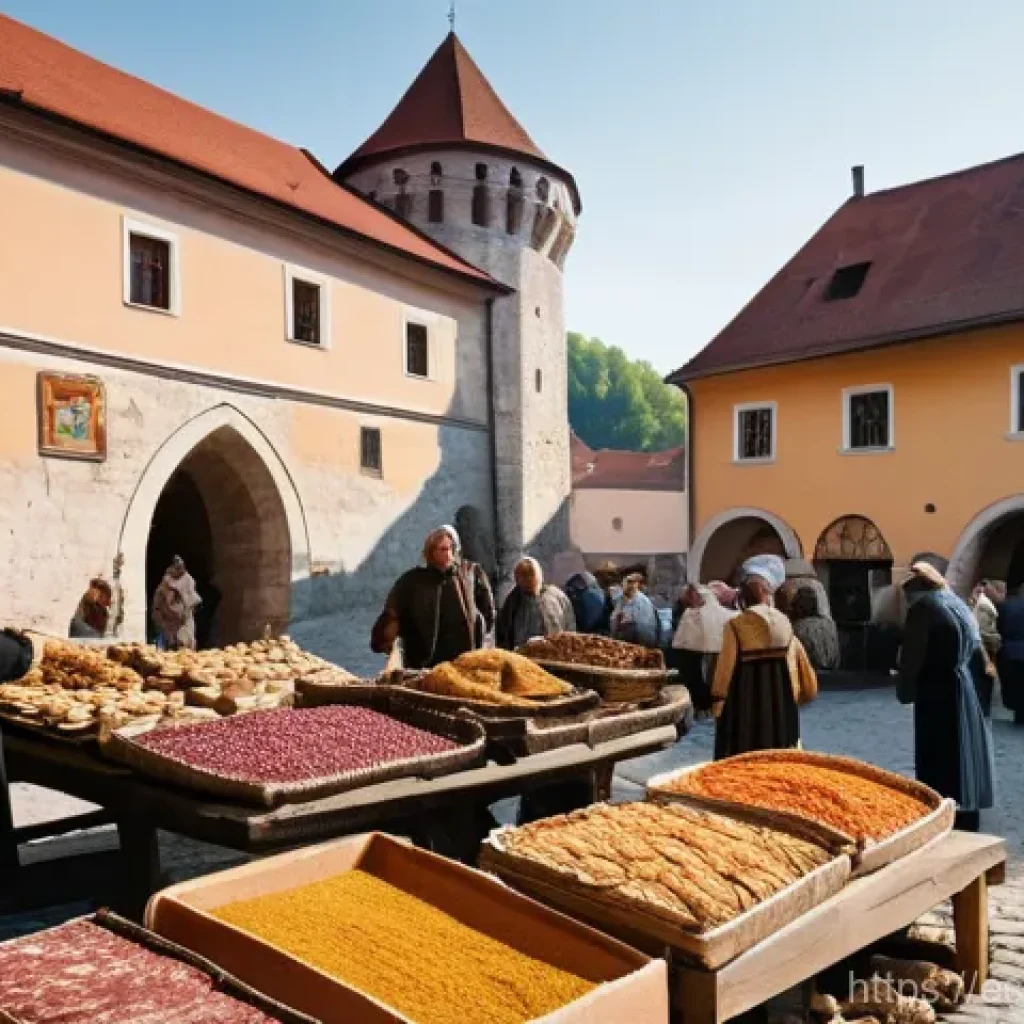 슬로베니아와 헝가리 역사적 관계 - **Prompt:** A bustling medieval market scene set in a fortified border town between historical Slove...