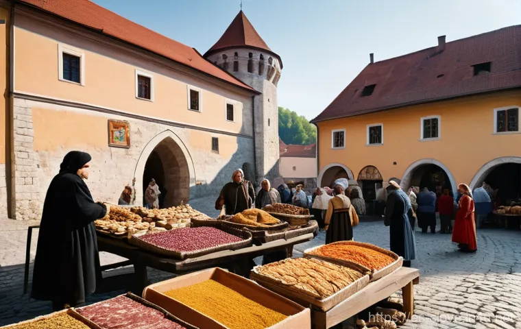 슬로베니아와 헝가리 역사적 관계 - **Prompt:** A bustling medieval market scene set in a fortified border town between historical Slove...