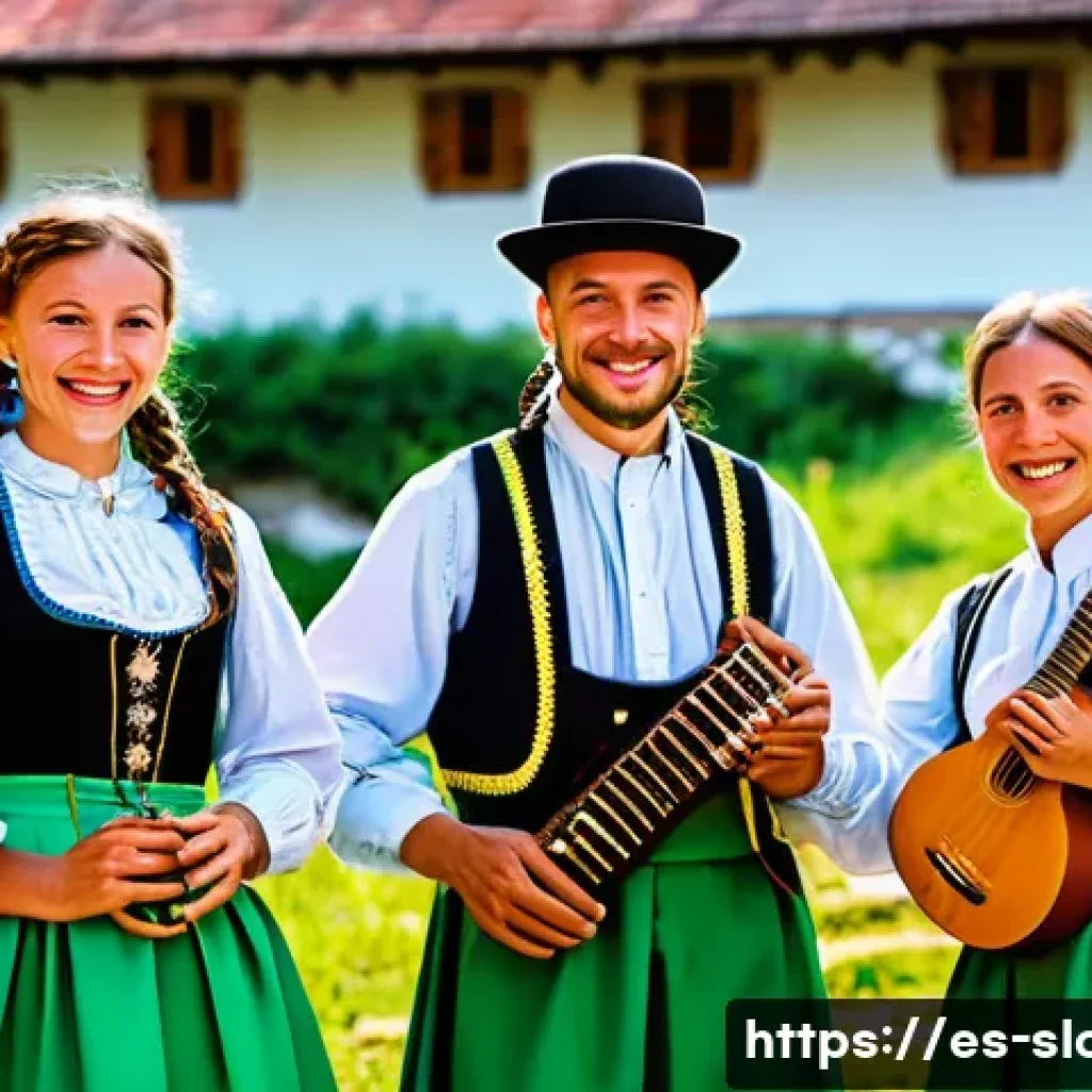 슬로베니아 전통 음악 - A lively traditional Slovenian folk music festival scene set in a rustic village square during dayti...