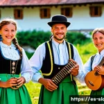 Home 21 슬로베니아 전통 음악 - A lively traditional Slovenian folk music festival scene set in a rustic village square during dayti...