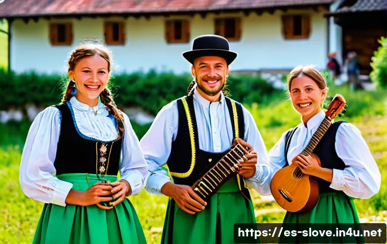 슬로베니아 전통 음악 - A lively traditional Slovenian folk music festival scene set in a rustic village square during dayti...