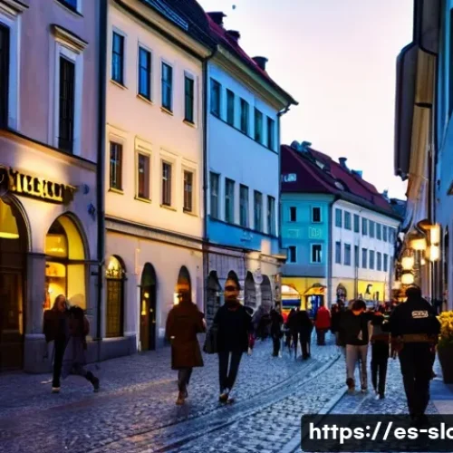Home 32 슬로베니아 지역별 치안 수준 - A lively urban street scene in Ljubljana’s historic center at dusk, featuring well-lit cobblestone s...