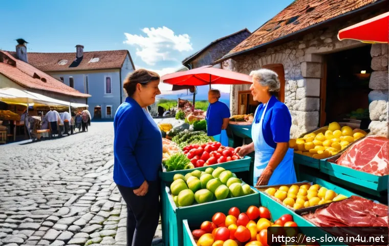 슬로베니아 물가 및 환전 팁 - A vibrant open-air local market scene in a small Slovenian rural town during daytime, featuring colo...