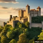 Home 23 슬로베니아 역사적 유적지 - A majestic medieval castle perched atop a lush green hill during sunset, featuring stone walls, tall...