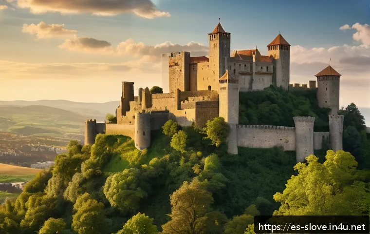 슬로베니아 역사적 유적지 - A majestic medieval castle perched atop a lush green hill during sunset, featuring stone walls, tall...