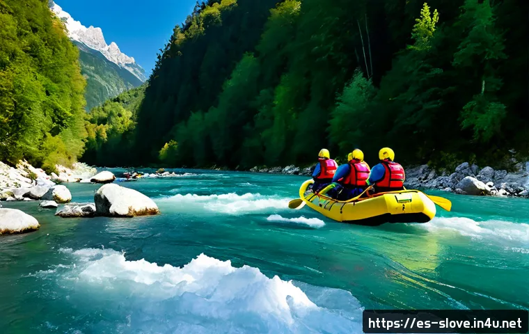 Home 15 소차 강 래프팅 체험 - Photorealistic white-water rafting adventure on the emerald Soča River, a Spanish-speaking family of...