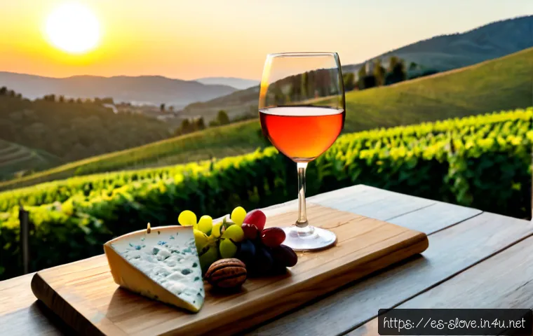 슬로베니아 와인 종류 - Photorealistic Slovenian wine tasting scene in a sunlit vineyard terrace, three unlabelled glasses o...